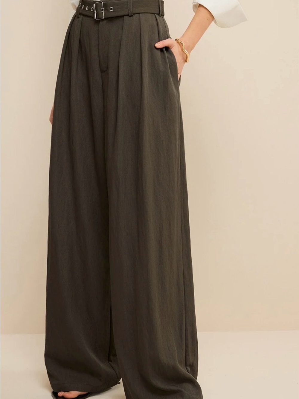 Army Green Belted Pleated Wide-Leg Pants